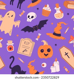 Mystic halloween seamless pattern with spirit, witch hat, pumpkin, potion, bat, cat, candy. Trick or treat Vector illustration