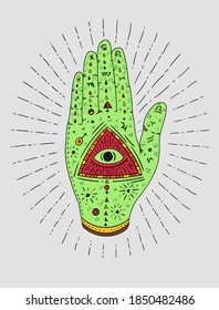 Mystic hand with eye. Hamsa. Tattoo design. Shirt Design & Printing, clothes, bags, posters, invitations, cards, leaflets etc. Vector illustration hand drawn.