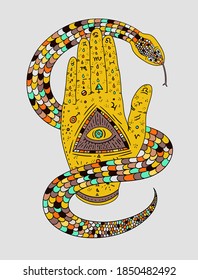 Mystic hand with eye and snake. Hamsa. Tattoo design. Shirt Design & Printing, clothes, bags, posters, invitations, cards, leaflets etc. Vector illustration hand drawn.