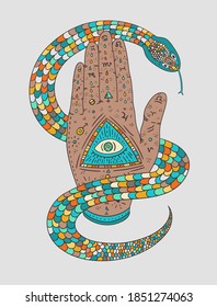 Mystic hand with eye and snake. Hamsa. Shirt Design & Printing, clothes, bags, posters, invitations, cards, leaflets etc. Vector illustration hand drawn.