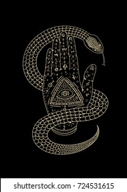 Mystic hand with eye and snake. Hamsa. Vector illustration