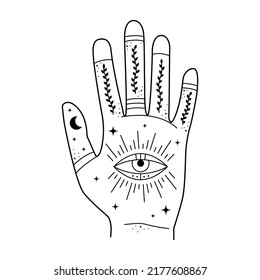 Mystic hand with Old Fashion Tattoos of evil eye. Vector illustration with mystic and occult symbols, nature elements. Fate and fortune teller. Halloween, astrological and esoteric concept.