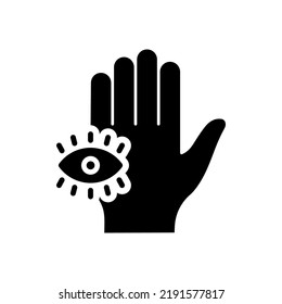 Mystic Hand Palm and All Seeing Eye Silhouette Icon. Magic Providence Fatima Pictogram. Hamsa Egypt Esoteric Occult Amulet Black Icon. Khamsa Conspiracy. Isolated Vector Illustration.