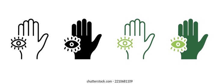 Mystic Hand Palm and All Seeing Eye Silhouette and Line Icon. Magic Providence Fatima Pictogram. Hamsa Egypt Esoteric Occult Amulet Icon. Khamsa Conspiracy. Editable Stroke. Vector Illustration.