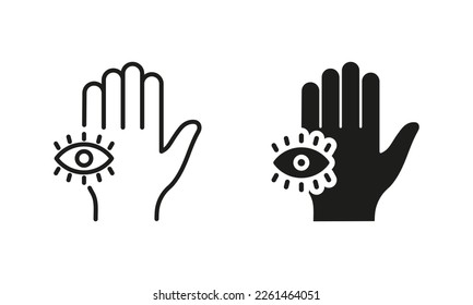 Mystic Hand Palm and All Seeing Eye Silhouette and Line Icon Set. Magic Providence Fatima Pictogram. Hamsa Egypt Esoteric Occult Amulet Icon. Khamsa Conspiracy. Editable Stroke. Vector Illustration.