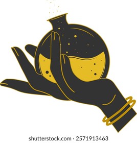 Mystic hand with poison illustration. Vector black tribal witchcraft sticker. Alchemy icon, Halloween art