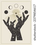 Mystic hands with moon phases illustration poster. Hand drawn all seeing eye