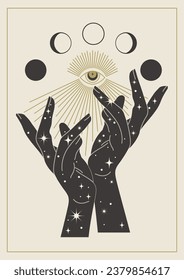 Mystic hands with moon phases illustration poster. Hand drawn all seeing eye