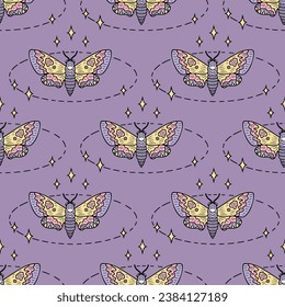 Mystic hawk moth death head butterfly seamless pattern. Perfect print for tee, paper, textile and fabric. Hand drawn vector illustration.