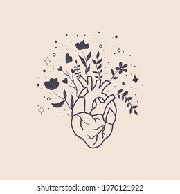 Mystic Heart And Flowers In A Trendy Boho Style. Vector Silhouette Anatomical Heart, Floral, Stars Icons. Vector Illustration Thin Pictogram Of Human Internal Organ