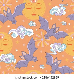 Mystic Hippie Groovy Halloween Bat Full Moon night vector seamless pattern. Mystical nocturnal fly animal background. Autumn holiday surface design.