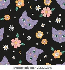 Mystic Hippie Groovy Halloween Black Cat Daisy flowers vector seamless pattern. Retro 60s 70s kitten floral background. Boho magical night surface design.