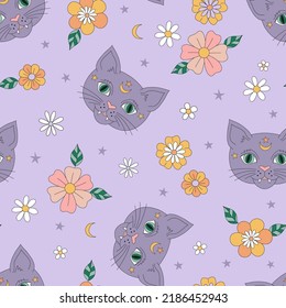 Mystic Hippie Groovy Halloween Black Cat Daisy flowers vector seamless pattern. Retro 60s 70s kitten floral background. Boho magical night surface design.