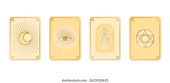 Mystic icon set with crescent moon, all-seeing eye, woman in dress, and sacred geometry. Perfect for tarot, astrology, spirituality, or holistic branding.