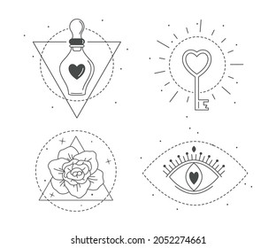 Mystic icons, love potion, magic key, evil eye of providence, beautiful flower. Set of line art mystical symbols. Magic love decoration for Valentine's day.Vector isolated on white.
