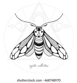 mystic illustration with moth and sacred geometry, vector illustration with butterfly isolated on white