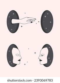 Mystic illustrations with cosmic portals,female faces,hand searching for a enlightenment.Surreal abstract illustrations in trendy minimal outline style.Esoteric concepts.Spiritual design templates.