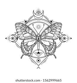 Mystic insect tattoo. Engraving mystical spiritual sketch design. Alchemy freemasonry occult vector symbol