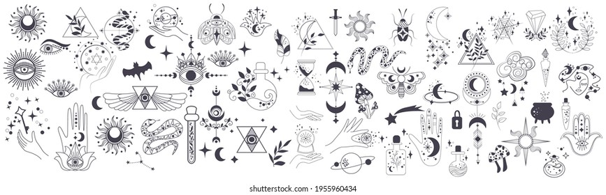 Mystic items icon, moon, hands, crystals, planets. Doodle astrology style. Doodle esoteric, boho mystical hand drawn elements. Magic and witchcraft. Vector illustration