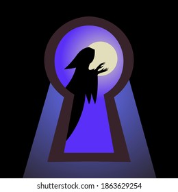 Mystic keyhole. Ghost seen through keyhole. Ghost and moon. Dark silhouette. Witch silhouette. Something mysterious. Vector illustration. Full moon. Scary secret. Moonlight and night. Halloween. Eps10