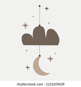Mystic line elements. Magic icons hand drawn doodle minimalistic mysterious objects: moon, stars and clouds. Vector witch magic design elements set.