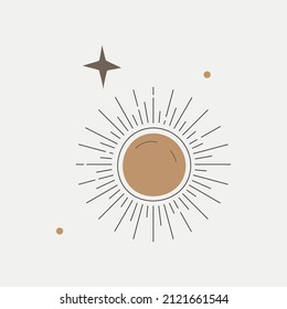 Mystic line elements. Magic icons hand drawn doodle minimalistic mysterious objects: sun and stars. Vector witch magic design elements.