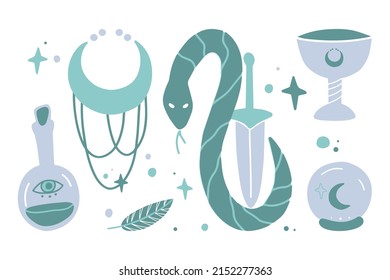 Mystic line elements. Magic icons hand drawn doodle minimalistic mysterious objects. Vector witch magic design elements.