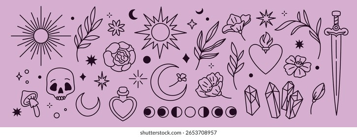 Mystic linear elements. Boho doodle symbols, magical trendy line signs, minimalist tattoos designs, contour mystery tarot objects, sun, moon and scull, art bohemian garish vector isolated set