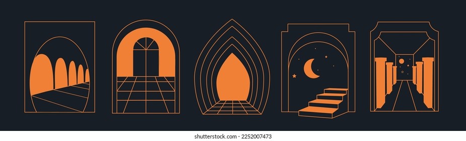 Mystic linear logo. Sun symbol. Bohemian window. Alchemy or astrology. Boho esoteric frame. Silhouette arch and ladder. Minimal door in space. Moon and stars. Vector illustration set