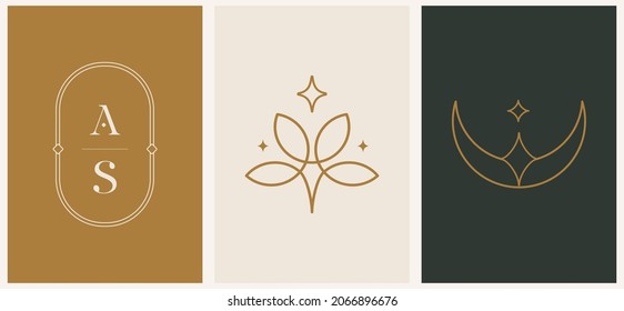 Mystic linear set template logo wich geometric lotos, moon and letter A,S abstract in trendy linear minimal esoteric style.