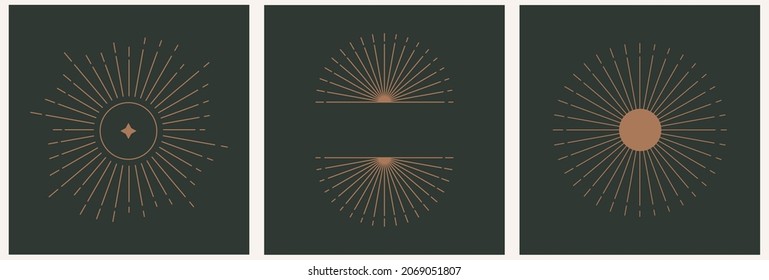 Mystic linear set template logo wich geometric sunset, arches abstract in trendy linear style on a dark background. Celestial and magical abstract print.