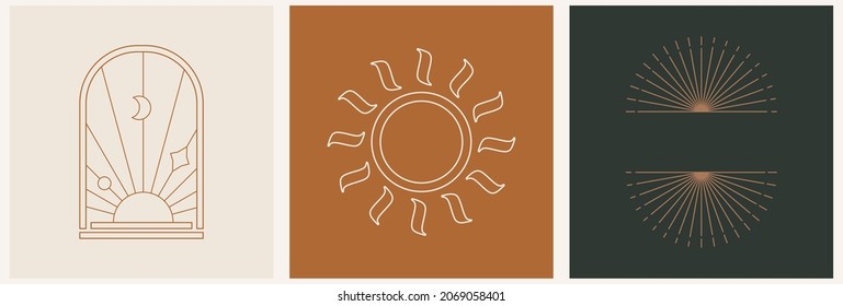 Mystic linear set template logo wich geometric sunset, arches abstract in trendy linear minimal esoteric style. Celestial and magical abstract print.