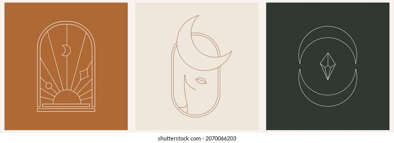 Mystic linear set template logo wich geometric sunset, beautiful esoteric women, arches and moon abstract in trendy linear minimal esoteric style. Celestial and magical abstract print.