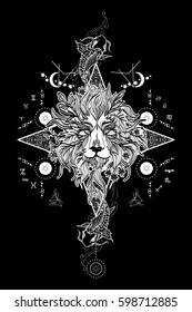 Mystic lion and carp, medieval astrological symbols, occult tattoo. Lion Head. Lion head. Alchemy, religion, spirituality, coloring books art 