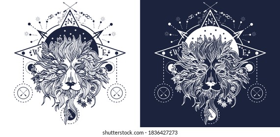 Mystic lion head tattoo art. Alchemy concept, t-shirt design. Black and white vector graphics 