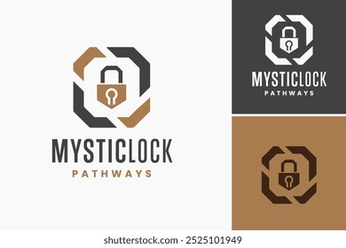 Mystic Lock Pathways Logo: An enigmatic design featuring a lock and winding paths, symbolizing hidden solutions and discovery. Perfect for escape rooms, security firms. Layered EPS Vector