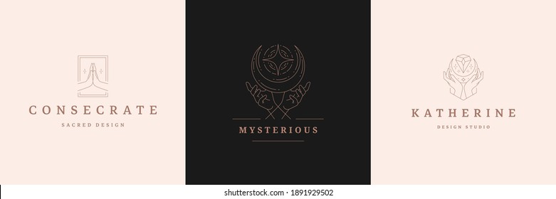 Mystic logos emblems design templates set with magic moon and female hands vector illustrations minimal linear style. Line art symbols for magician logotype or witchcraft insignia branding