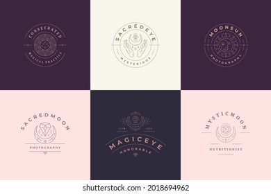 Mystic logos emblems design templates set with magic moon and sun vector illustrations minimal linear style. Line art symbols for magician logotype or witchcraft insignia branding