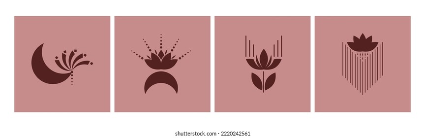 Mystic lotus decorative elements with moon or crescent, dots and lines. Floral magic decor, creative graphic vector design. Spa, wellness, yoga logo