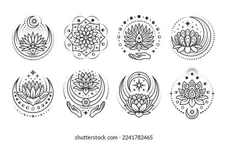 Mystic lotus elements. Spirit flower line tattoo template. Boho style symbols, india henna yoga design. Celestial magic tidy vector graphic art