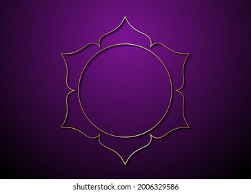 ícono del logotipo del marco de oro de Lotus místico, mandala dorada de la alquimia esotérica Flor de la vida. Símbolo de semilla de vida Geometría sagrada. Vector de amuleto divino meditativo de lujo aislado en fondo morado