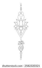 Mystic Lotus Sacred Geometry Unalome Boho Tattoo Design. Vector isolated buddhist line hand drawn symbol