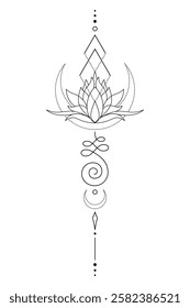 Mystic Lotus Sacred Geometry Unalome Boho Tattoo Design. Vector isolated buddhist line hand drawn symbol