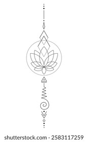 Mystic Lotus Sacred Geometry Unalome Boho Tattoo Design. Vector isolated buddhist line hand drawn symbol