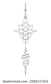 Mystic Lotus Sacred Geometry Unalome Boho Tattoo Design. Vector isolated buddhist line hand drawn symbol