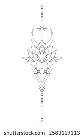 Mystic Lotus Sacred Geometry Unalome Boho Tattoo Design. Vector isolated buddhist line hand drawn symbol
