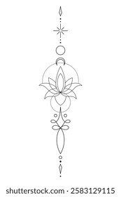 Mystic Lotus Sacred Geometry Unalome Boho Tattoo Design. Vector isolated buddhist line hand drawn symbol