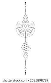 Mystic Lotus Sacred Geometry Unalome Boho Tattoo Design. Vector isolated buddhist line hand drawn symbol