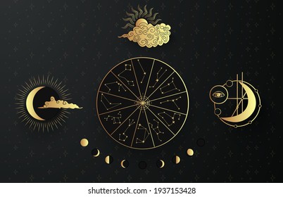 Mystic lunar phases Sun and moon in cloudy sky. Mysterious moonlight activity stages, hand drawn sacred geometry moon. A circle with the signs of the zodiac. Different phases of solar, lunar eclipse