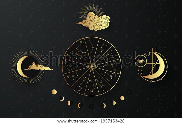 Mystic lunar phases Sun and moon in cloudy sky.
Mysterious moonlight activity stages, hand drawn sacred geometry
moon. A circle with the signs of the zodiac. Different phases of
solar, lunar eclipse